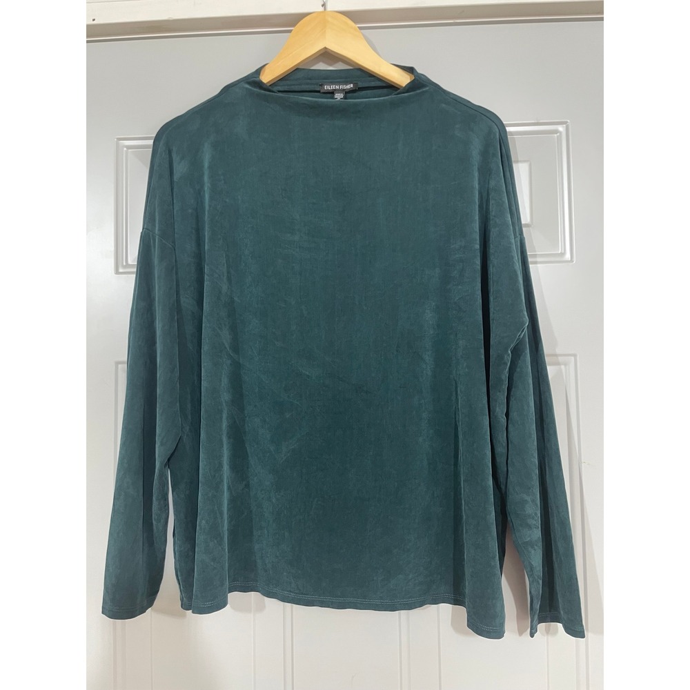 Eileen Fisher Top Women XL Green Excellent Cupro Blend Sueded Mock Neck Long Slv